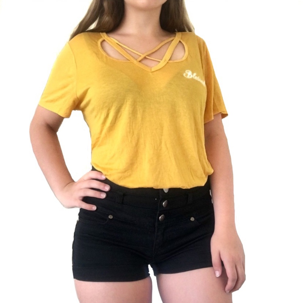 Daisy May Blessed Embroidered Bright Yellow Strappy Crossover Top
